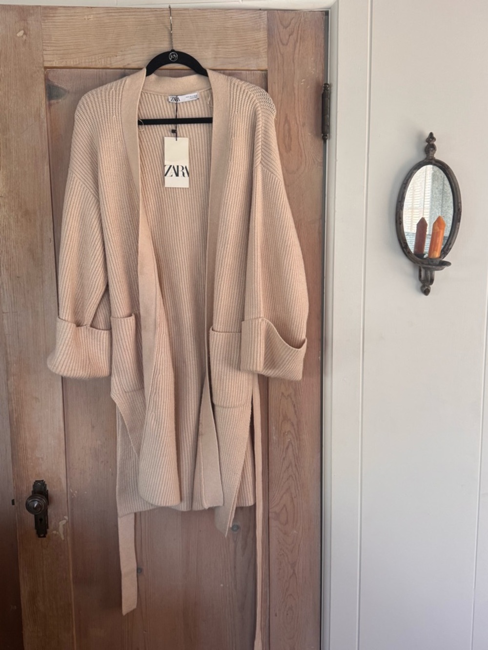 Zara Light Beige Ribbed Open-Front Belted Cardigan